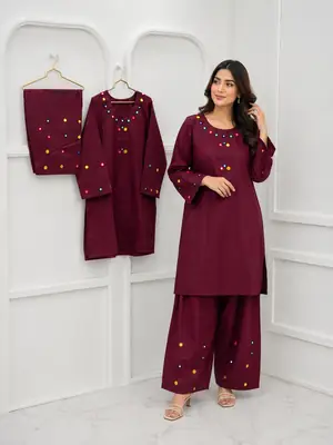 2Pcs Women's Stitched Cotton Lawn Hand Work Shirt And Trouser with Mirror work thumbnail 2