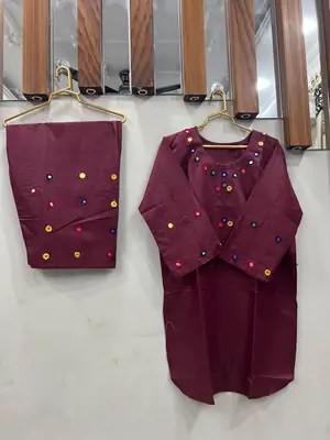 2Pcs Women's Stitched Cotton Lawn Hand Work Shirt And Trouser with Mirror work thumbnail 3