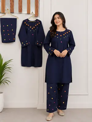 2Pcs Women's Stitched Cotton Lawn Hand Work Shirt And Trouser with Mirror work thumbnail 2