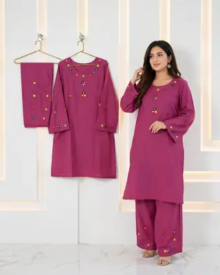 2Pcs Women's Stitched Cotton Lawn Hand Work Shirt And Trouser with Mirror work thumbnail 2