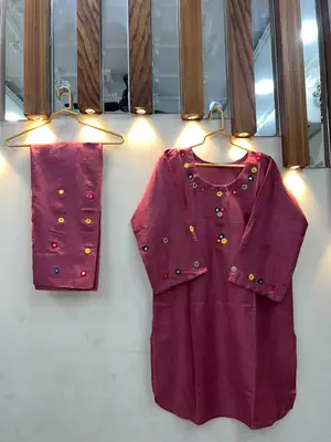 2Pcs Women's Stitched Cotton Lawn Hand Work Shirt And Trouser with Mirror work thumbnail 3