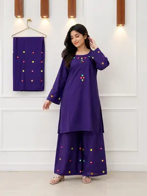 2Pcs Women's Stitched Cotton Lawn Hand Work Shirt And Trouser with Mirror work