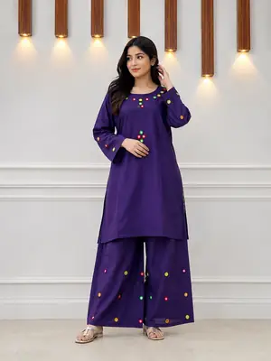 2Pcs Women's Stitched Cotton Lawn Hand Work Shirt And Trouser with Mirror work thumbnail 2