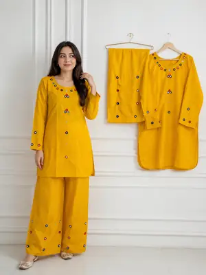 2Pcs Women's Stitched Cotton Lawn Hand Work Shirt And Trouser with Mirror work thumbnail 2