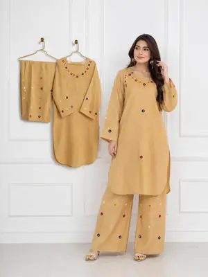 2Pcs Women's Stitched Cotton Lawn Hand Work Shirt And Trouser with Mirror work