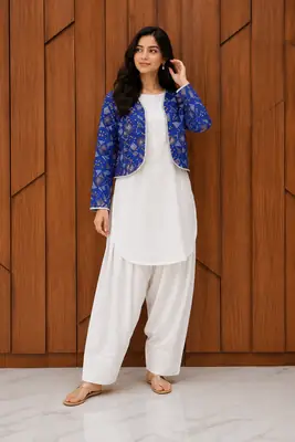 3 Pcs Women's Stitched Cotton Printed Shirt And Trouser with Chungi printed Koti