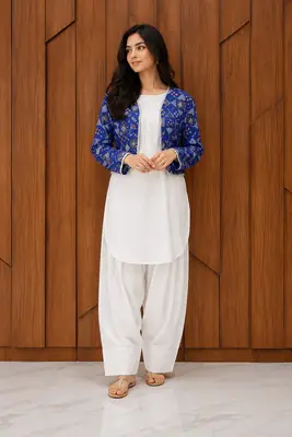 3 Pcs Women's Stitched Cotton Printed Shirt And Trouser with Chungi printed Koti thumbnail 2