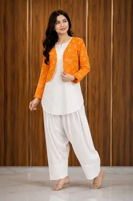 3 Pcs Women's Stitched Cotton Printed Shirt And Trouser with Chungi printed Koti