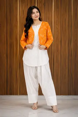 3 Pcs Women's Stitched Cotton Printed Shirt And Trouser with Chungi printed Koti thumbnail 2