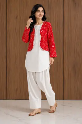 3 Pcs Women's Stitched Cotton Printed Shirt And Trouser with Chungi printed Koti