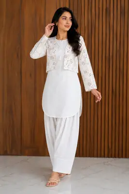 3 Pcs Women's Stitched Cotton Printed Shirt And Trouser with Chungi printed Koti
