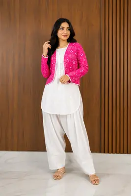 3 Pcs Women's Stitched Cotton Printed Shirt And Trouser with Chungi printed Koti