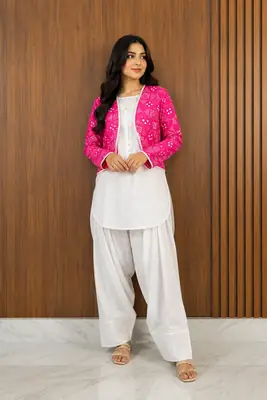 3 Pcs Women's Stitched Cotton Printed Shirt And Trouser with Chungi printed Koti thumbnail 2