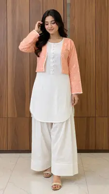 3 Pcs Women's Stitched Cotton Printed Shirt And Trouser with Chungi printed Koti thumbnail 2