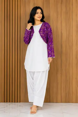 3 Pcs Women's Stitched Cotton Printed Shirt And Trouser with Chungi printed Koti