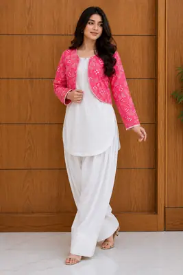 3 Pcs Women's Stitched Cotton Printed Shirt And Trouser with Chungi printed Koti