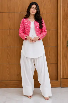 3 Pcs Women's Stitched Cotton Printed Shirt And Trouser with Chungi printed Koti thumbnail 2