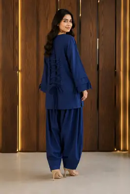 2 Pcs Women's Stitched Premium Cotton Plain Shirt And Farshi Shalwar