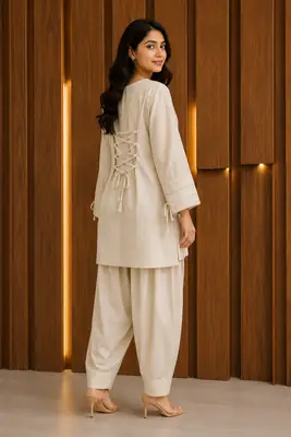 2 Pcs Women's Stitched Premium Cotton Plain Shirt And Farshi Shalwar