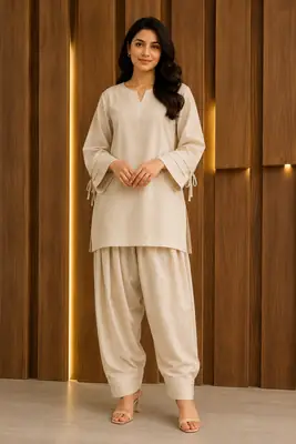 2 Pcs Women's Stitched Premium Cotton Plain Shirt And Farshi Shalwar thumbnail 2