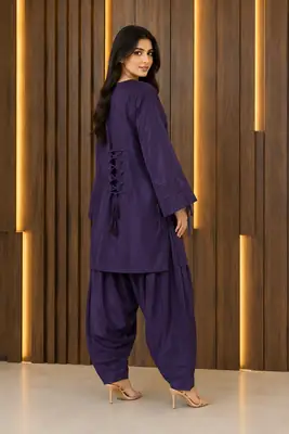 2 Pcs Women's Stitched Premium Cotton Plain Shirt And Farshi Shalwar