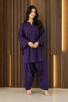 2 Pcs Women's Stitched Premium Cotton Plain Shirt And Farshi Shalwar thumbnail 2