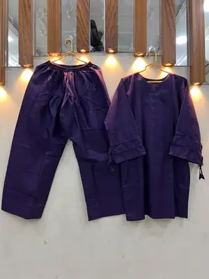 2 Pcs Women's Stitched Premium Cotton Plain Shirt And Farshi Shalwar thumbnail 4