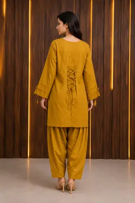 2 Pcs Women's Stitched Premium Cotton Plain Shirt And Farshi Shalwar