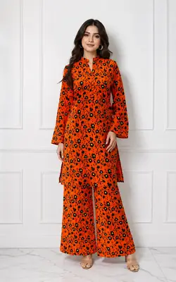 2 Pcs Women's Stitched winter Cotton Printed Long Shirt And Trouser
