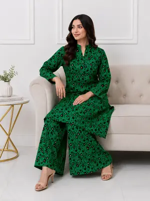 2 Pcs Women's Stitched winter Cotton Printed Long Shirt And Trouser thumbnail 2
