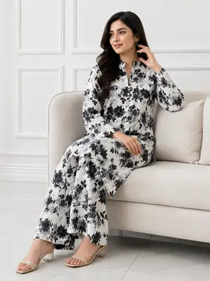 2 Pcs Women's Stitched winter Cotton Printed Long Shirt And Trouser thumbnail 2