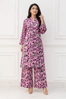 2 Pcs Women's Stitched winter Cotton Printed Long Shirt And Trouser