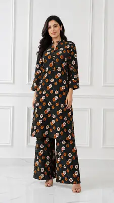 2 Pcs Women's Stitched winter Cotton Printed Long Shirt And Trouser
