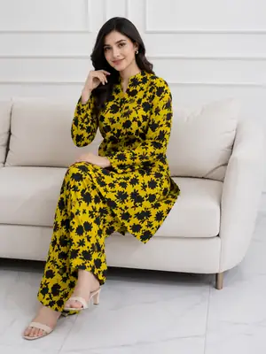 2 Pcs Women's Stitched winter Cotton Printed Long Shirt And Trouser thumbnail 2