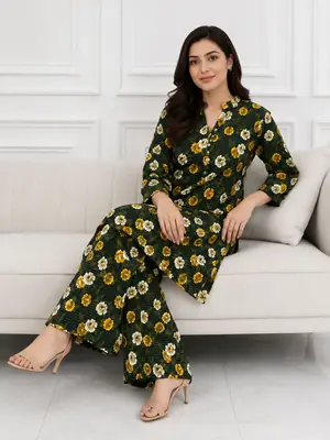 2 Pcs Women's Stitched winter Cotton Printed Long Shirt And Trouser thumbnail 2