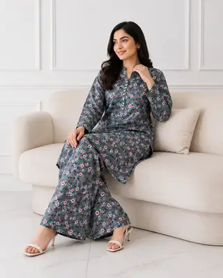 2 Pcs Women's Stitched winter Cotton Printed Long Shirt And Trouser