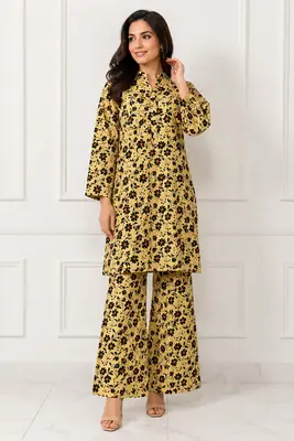 2 Pcs Women's Stitched winter Cotton Printed Long Shirt And Trouser