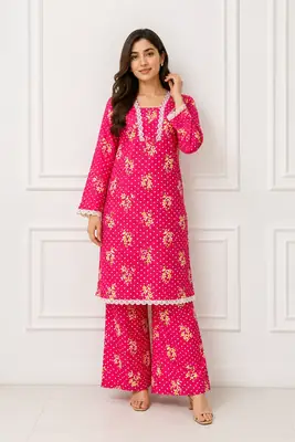2 Pcs Women's Stitched winter Cotton Printed Long Shirt And Trouser
