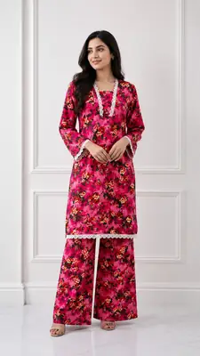 2 Pcs Women's Stitched winter Cotton Printed Long Shirt And Trouser