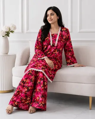 2 Pcs Women's Stitched winter Cotton Printed Long Shirt And Trouser thumbnail 2