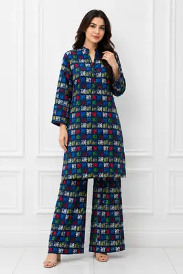 2 Pcs Women's Stitched winter Cotton Printed Long Shirt And Trouser