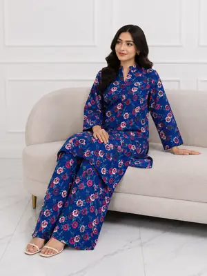 2 Pcs Women's Stitched winter Cotton Printed Long Shirt And Trouser thumbnail 2