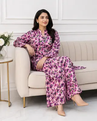 2 Pcs Women's Stitched winter Cotton Printed Long Shirt And Trouser thumbnail 2