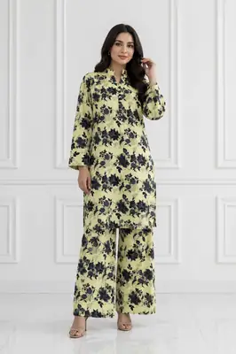 2 Pcs Women's Stitched winter Cotton Printed Long Shirt And Trouser