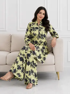 2 Pcs Women's Stitched winter Cotton Printed Long Shirt And Trouser thumbnail 2