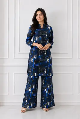 2 Pcs Women's Stitched winter Cotton Printed Long Shirt And Trouser