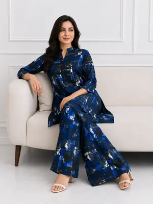 2 Pcs Women's Stitched winter Cotton Printed Long Shirt And Trouser thumbnail 2