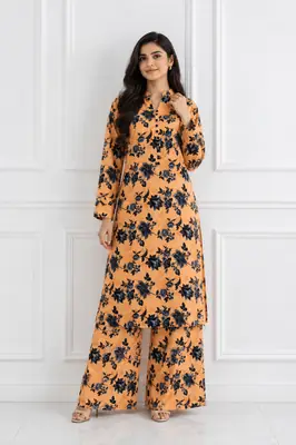 2 Pcs Women's Stitched winter Cotton Printed Long Shirt And Trouser