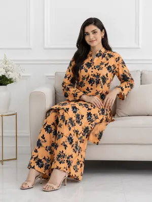 2 Pcs Women's Stitched winter Cotton Printed Long Shirt And Trouser thumbnail 2
