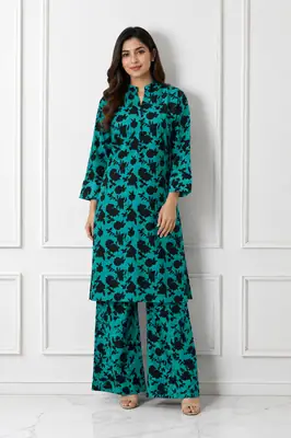 2 Pcs Women's Stitched winter Cotton Printed Long Shirt And Trouser